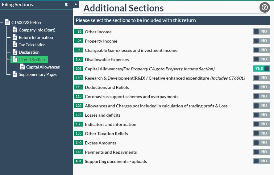 Example of the Additional Sections page on our software with 'Capital Allowances' switched to YES