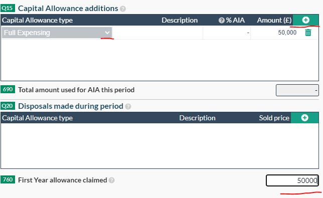 On the Capital Allowance page, click 'add an item' to select the chosen capital allowance.