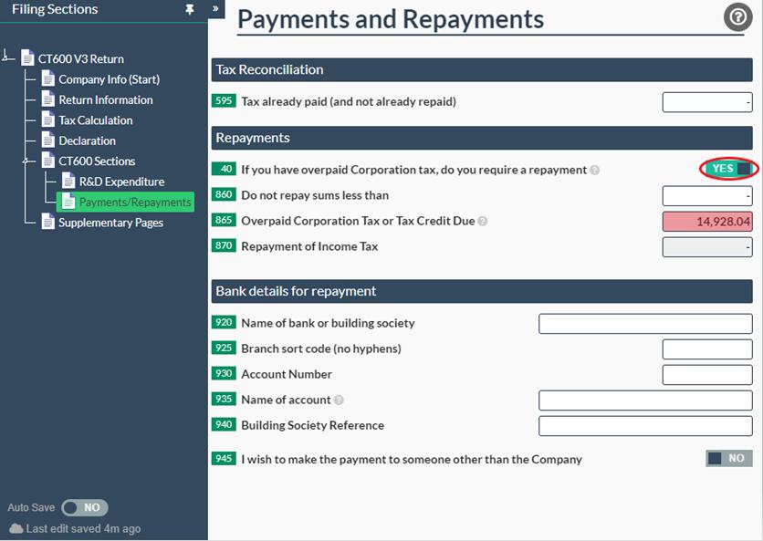 Payments and repayments tab. E.g. 'Overpaid corporation tax or tax credit due' automatically calculated at £14,928.04 