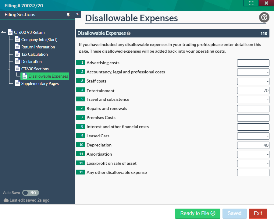 Disallowable Expenses Section CT600