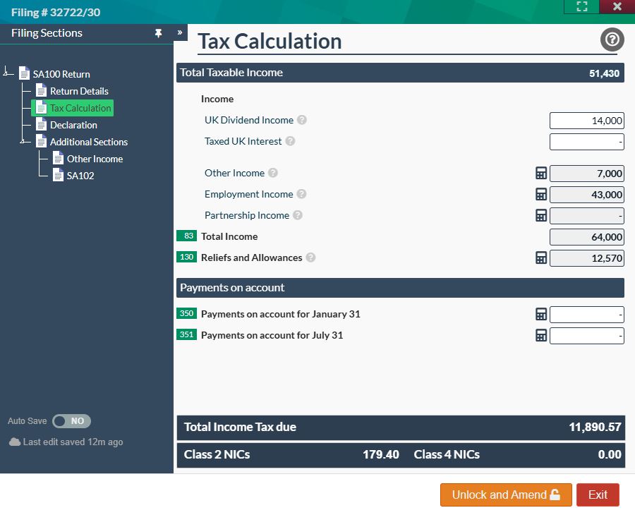 SA100 Tax calculation form