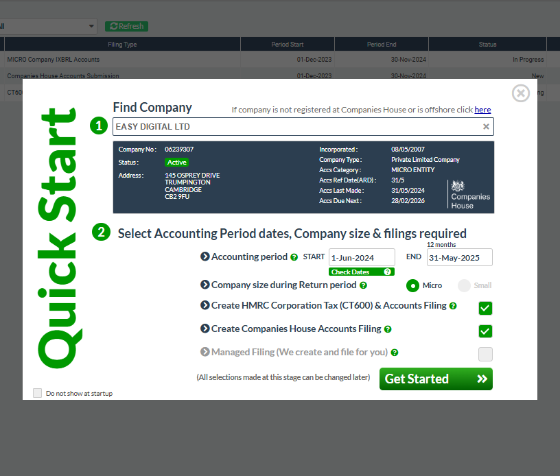  Type your company name into Quick Start...